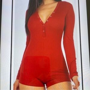 SKIMS Red Ribbed Long-Sleeve Henley Bodysuit Romper